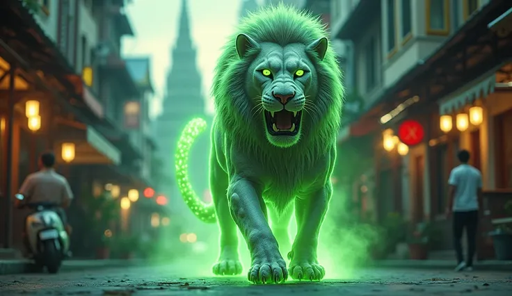 A majestic Thai mythical lion (Rachasi) with glowing green aura surrounding its body, walking gracefully through the bustling streets of modern Bangkok, with iconic city landmarks like the Grand Palace and Wat Arun in the background, blending ancient Thai ...