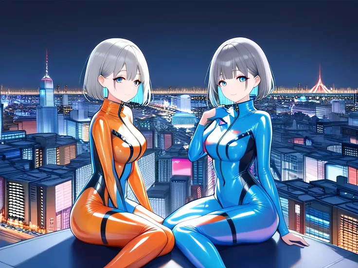 (Multiple girls),(最High image quality, 8k, masterpiece:1.3), (24 years old:1.5), (Grey Hair), ( bob cut ), (Oblique sky blue eyes), (( full body rubber suit 、blue、yellow line、colorful、no zipper 、rubber suit glossy 、Perfect fit、Full body shot、 look at this ...