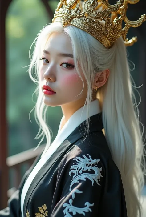 female, , a black hanbok with a white dragon drawn on it , Once upon a time ,  wearing a tall, shiny gold crown ,  white hair, white eyelashes, and eyes,  side view , flushing