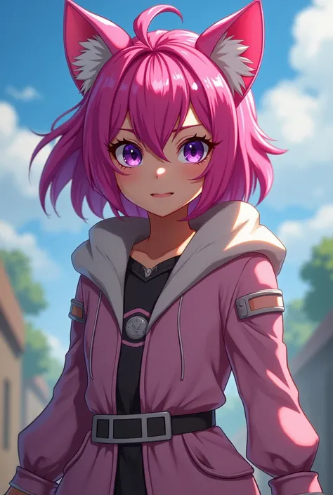 Shes the weakest tamer, but shes a tough, stubborn girl with pink hair and purple eyes. She only has cat ears, so her ears are pink