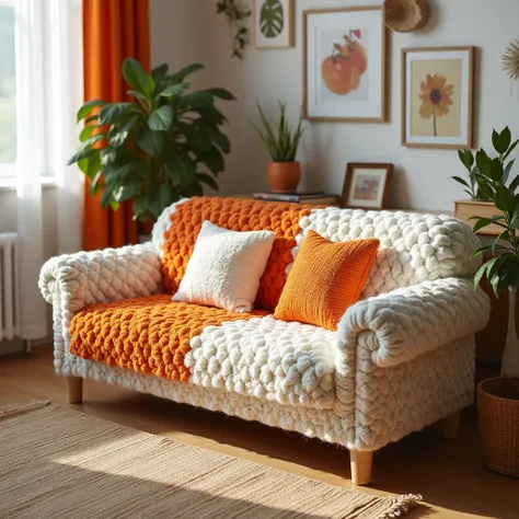 Nice lazy sofa design crochet with wool sofa design on wool sofa and separate design white orange color full view pic full room view zoom out