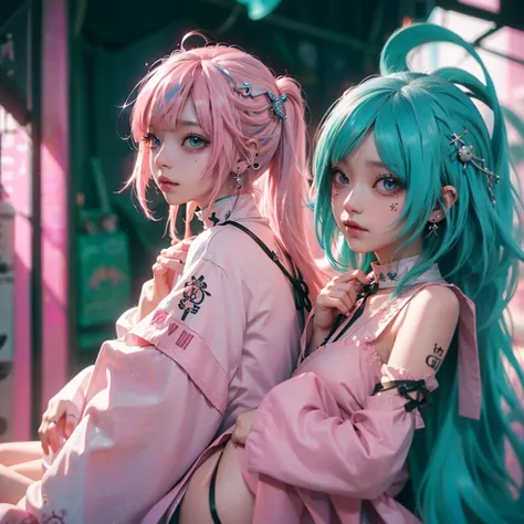 Hair ornaments、Earrings、Tattoo、 good_, 1人の girlが, Alone,、 best quality r ,  Photographically Faithful, Ultra-thin illustration, 魅力的なアニメの美しい girl,( mini dress:1.4), Miku Hatsune,  slender, Tied up hair,( pink hair:1.4), girl,  girlの写真,  full body shot, Herm...