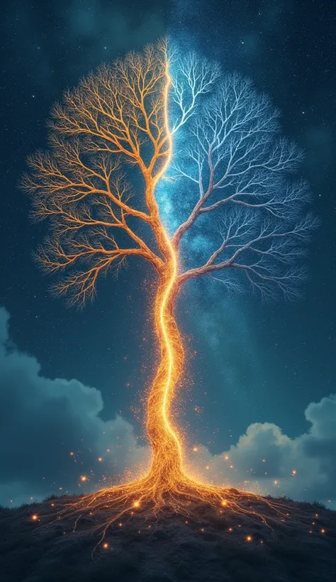 "Create a symbolic representation of the Vishaka nakshatra, emphasizing its Tamil meaning, pilavupattadhu (split or divided). Depict a cosmic tree with its branches split into two distinct directions, symbolizing duality and choices. The tree should glow w...