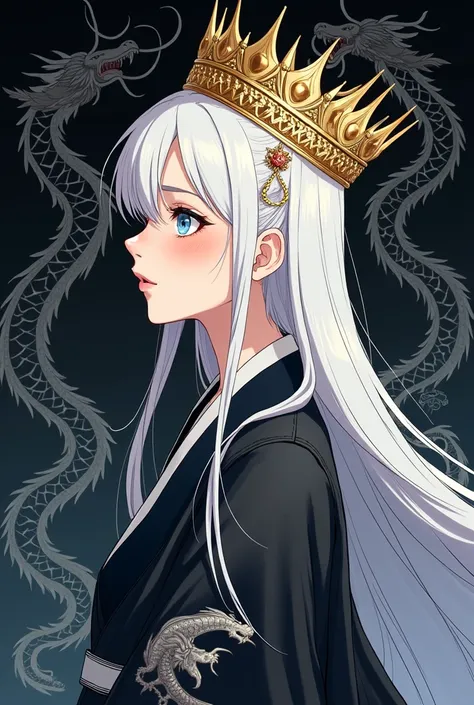 female, , a black hanbok with a white dragon drawn on it , Once upon a time ,  wearing a tall, shiny gold crown ,  white hair, white eyelashes, and eyes,  side view , flushing, black background with white dragons.  anime picture