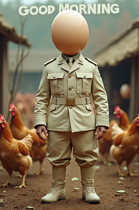 There is a  wearing a military uniform out of an egg shell with a message good morning in the background is a chicken farm