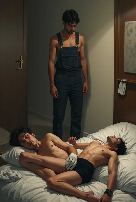 Two young Italian guys are laying unconscious on the floor in the hotel room. One is wearing white mini briefs and black socks and the other is wearing black mini briefs and black socks. Standing nearby is a guy wearing overalls picking up the two guys clo...