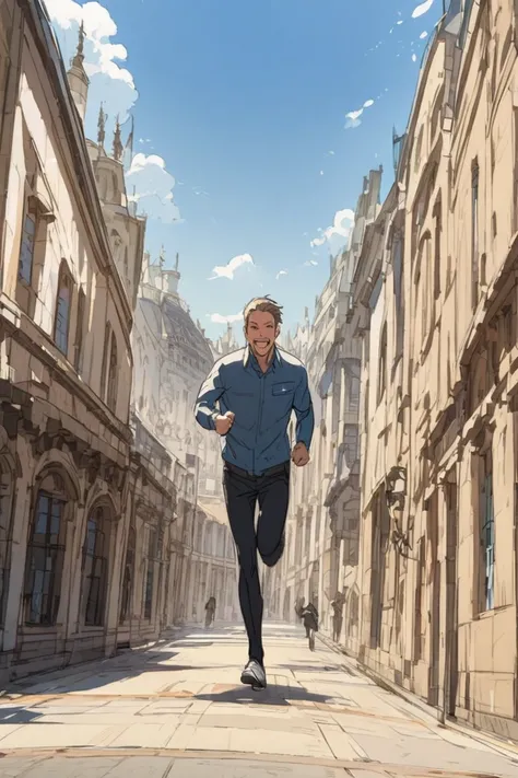 Draw a panoramic view of a man running fast on the front