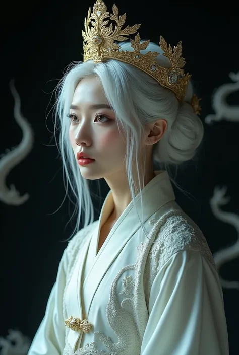 female, , a black hanbok with a white dragon drawn on it , Once upon a time ,  wearing a tall, shiny gold crown ,  white hair, white eyelashes, and eyes,  side view , flushing, black background with white dragons. blank live-action picture