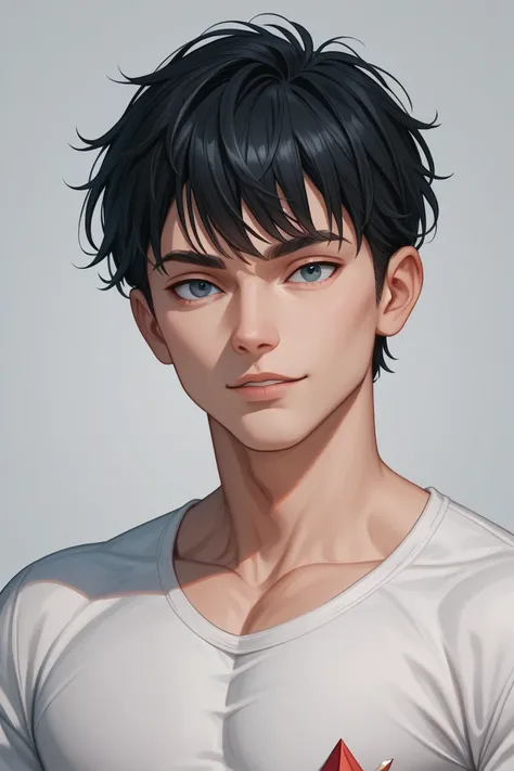  high definition ,  smiles, bangs,  black hair,  simple background, masterpiece, accurate,  anatomically correct,  high definition model,  One Man, young man with sharp face,Character portrait, 