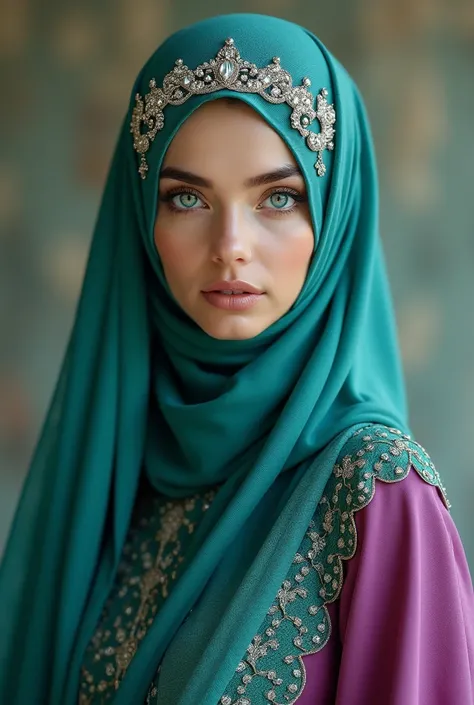 Create a beautiful woman wearing a shiny Teal green hijab, sparkling blue contact lense, magenta dress full of lace and shiny beads. Shes wearing a silver crown