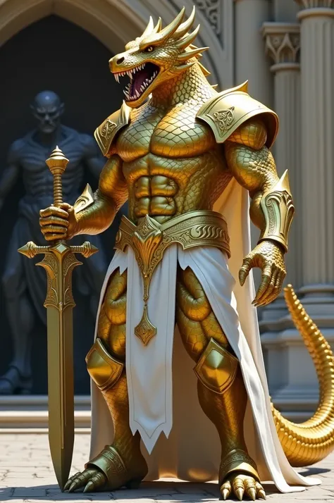 Human golden dragon male head, searius look, golden skin, golden scales, scales on the mouth, opened mouth, angry face, no wings, no tail, white full armor, no helmet, holy symbols on the armor, stand a little to the side, in the hand a holy greatsword, ba...