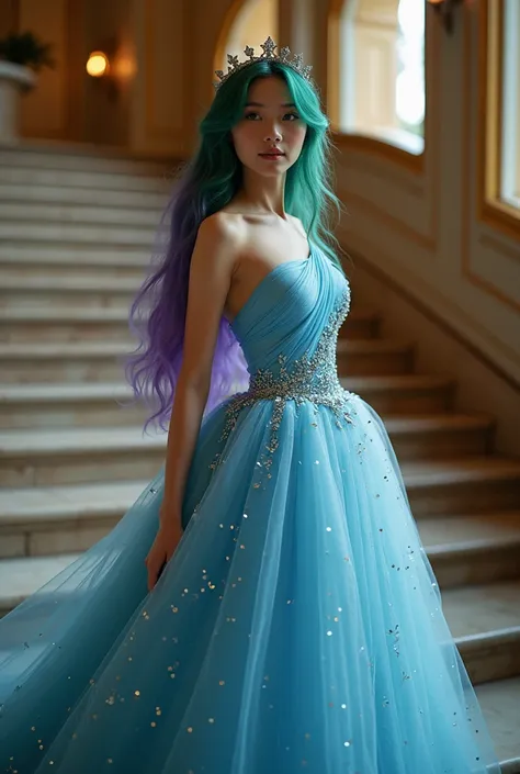 A beautiful Taiwan woman. long hair green purple,wears blue One Shoulder with a long blue tutu skirt with a sprinkling of chips (Like a Cinderella). He left the stairs to the luxury ballroom. Luxury home background. the image must look fullbody. face super...