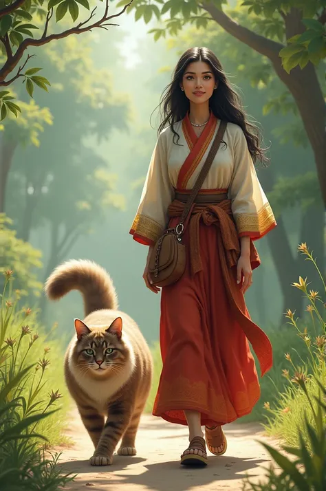 a woman dressed in casual nitam and walking along with a very rakangora cat walking together