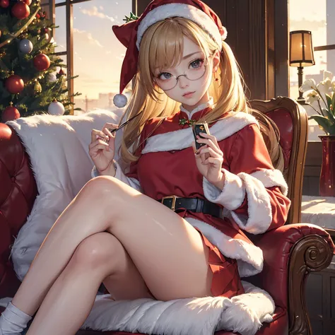 (( top quality)), ((傑 top quality、masterpiece、High sensitivity、 high definition 、 Details、 Delicate Facial Description)), Slender woman、Glasses、 mini skirt Santa 、Holding my knees、sit、 Christmas、