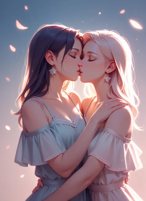 A lovely tender scene of two young girls kissing, their faces close together with gentle expressions, pastel colors, soft lighting, delicate details, highly realistic, stunning 4K resolution, masterpiece