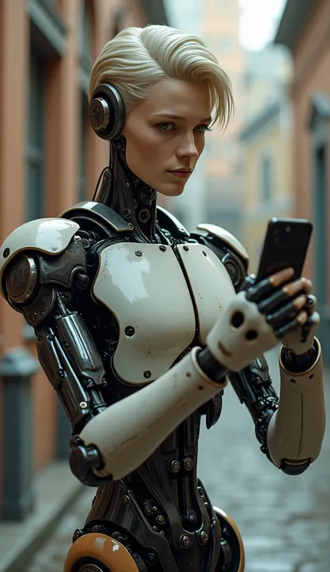 Genrate a make humanoid male robot influenced by aesthetic of both modern and victorian era with realistic human like colour and texture face, hair, chest, arms and legs, selfie scene, in hand mobile, selfie pose, sharp image,