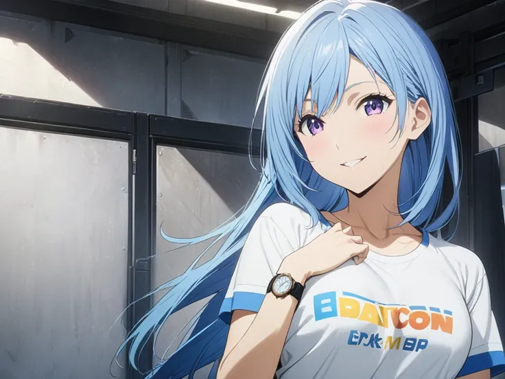 Anime production:1.3,masterpiece,Tokyo、smile、  best quality, girl,T-Shirts, watch viewers ,smile, high definition , Blue Hair/ light blue hair, 