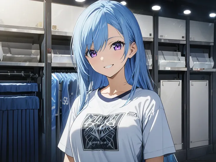 Anime production:1.3,masterpiece,Tokyo、smile、  best quality, girl,T-Shirts, watch viewers ,smile, high definition , Blue Hair/ light blue hair, 