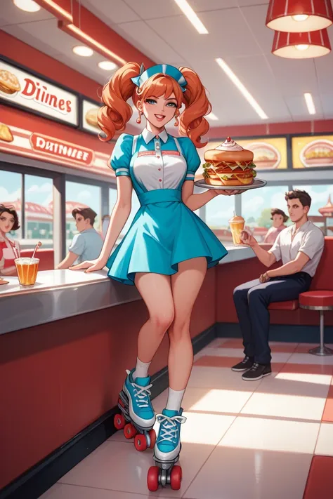  movie poster set in the diner、Gorgeous、５People Characters（Diner employees ）、 Welcoming guests 、 working lively at the diner (masterpiece)), (( top quality)), Charming,   depth of field,  high definition , The waiter and waitress are on roller skates