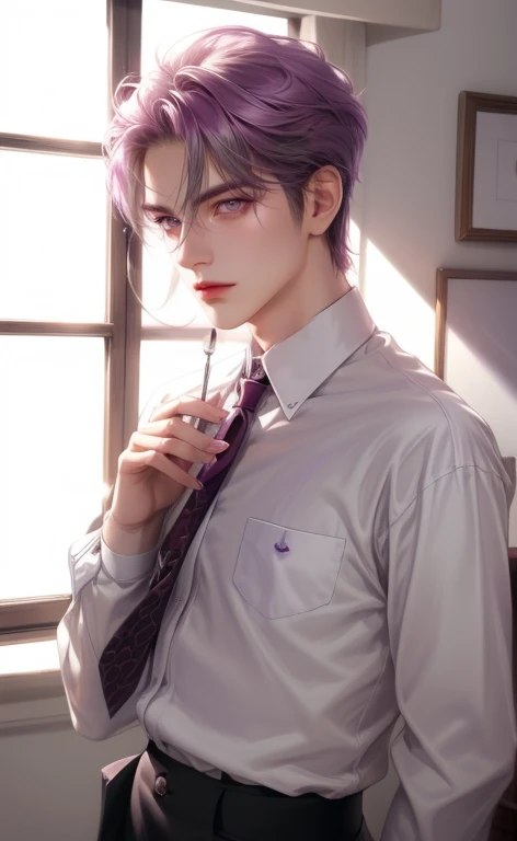 masterpiece、 top quality、 super detailed、 high definition 、20 years old、(Broad shoulders)、( muscular)、 male focus 、solo、pocket watch in chest pocket、 white skin、 white shirt、 ties、 simple background、Pale red eyes、 purple hair、Best、 Im watching the viewer 、...