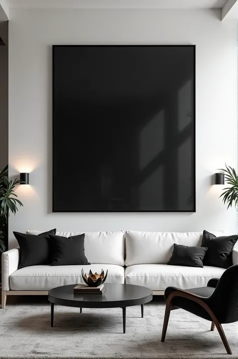 You can create a room for me with furniture, a television and on a white wall above the furniture that there is a large black painting to make it look good.