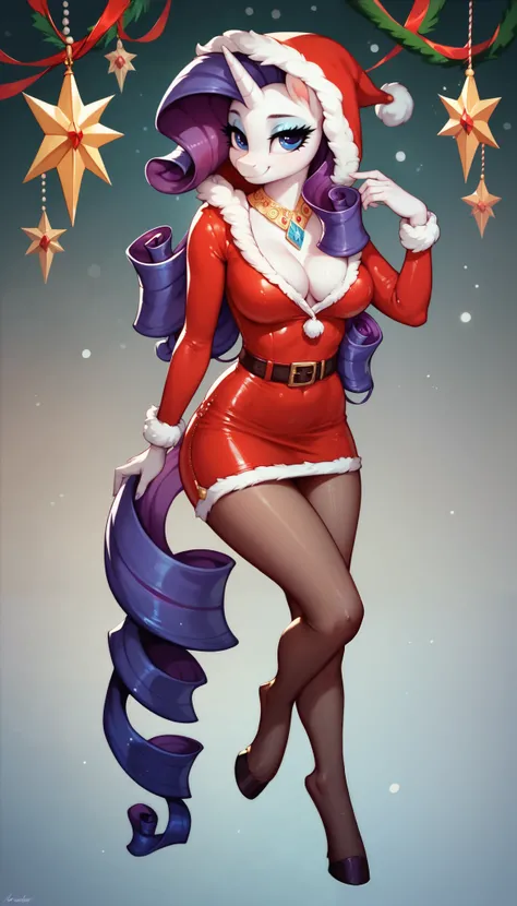 score_9, score_8_up, score_7_up, Rarity, mlp, anthro, 1girl, purple eyes, solo, two curly top hair with hair strands on the side, tight body suit pantyhose, soft breasts, cleavage, jewellery, 1girl, solo, Christmas, (hood with white fur), skirt, hooves, fu...