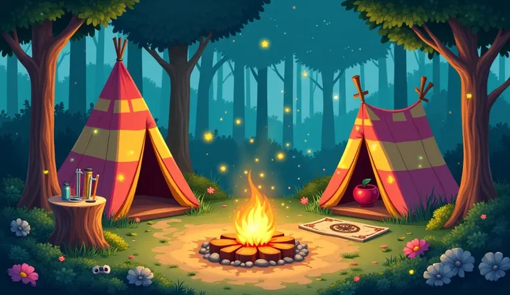 Prompt:  adventure camp for ren

“A magical adventure camp , perfect for ren ,  depicted in charming ,  -friendly illustration .  In the middle of a dense forest with tall ,  green trees stand colorful ,  cozy tents made of patchwork fabrics ,  decorated w...