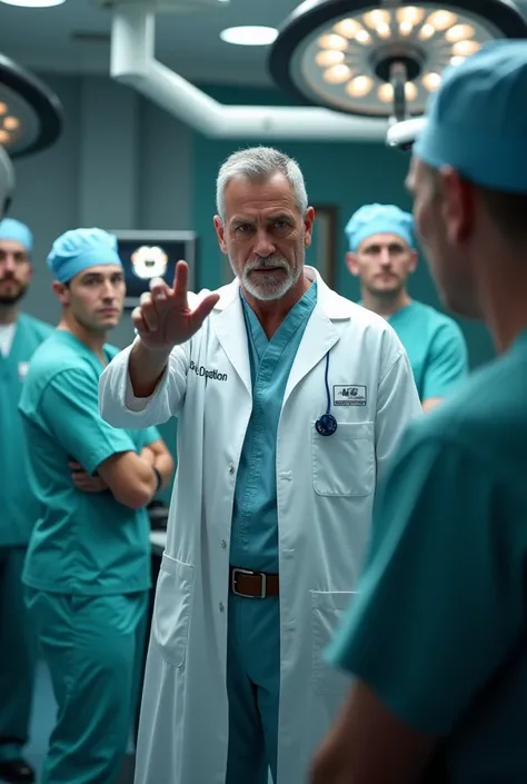 Picture Netflix for episode male dr .  Big angry and commands personnel around as op coordinator.  very very realistic . Do it as a doctor
He should boss the operating room staff around 
And pointing fingers from staff makes the image more spatial so that ...