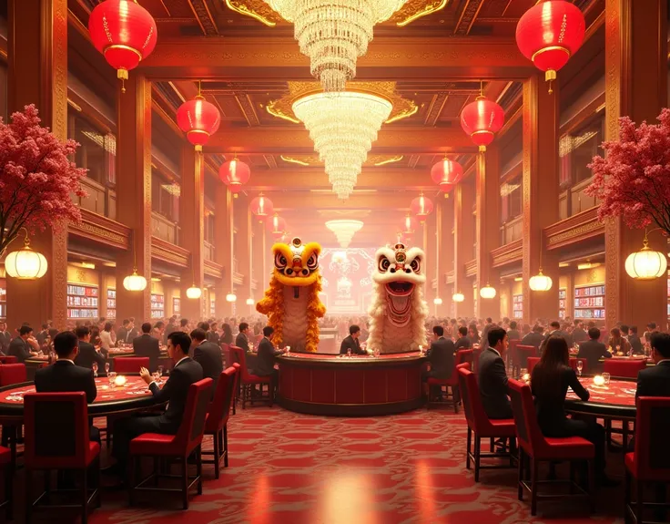 Create a luxurious Chinese-themed casino lobby, sparkling with golden decorations and adorned for Lunar New Year celebrations. The scene features traditional lion dance performances, gold lanterns, and intricate festive decor. The casino is crowded with pe...