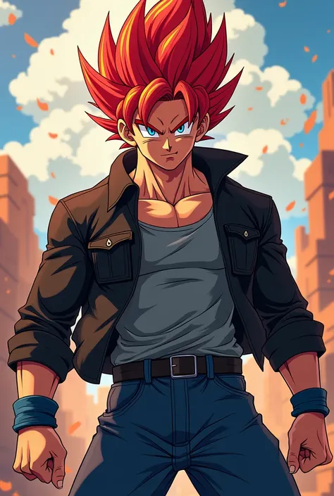 Goku with red hair and blue eyes with black jacket and gray shirt and blue jeans dbs cartoon style