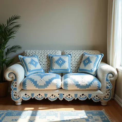 Nice lazy single sofa design crochet with wool local design on wool single sofa and separate design white blue color full view pic full room view zoom out