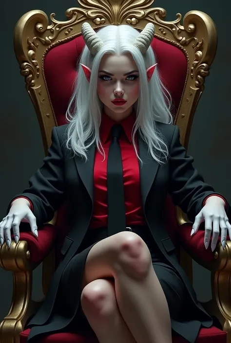 (masterpiece, best quality:1.2), solo, 1girl, luciferdef, smile, looking at viewer, sitting, crossed legs, throne, v-shaped eyebrows, formal, suit, black jacket, red shirt, black necktie, white gloves, black pants, white hair, white horns 