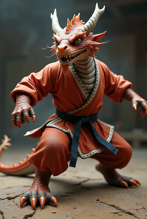 A realistic dragon with a Taekwondo dobok in a fighting position on the mat with an evil face 