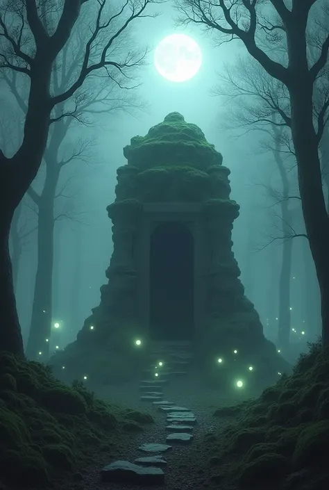 A foggy burial mound in a dense forest, with faint, glowing orbs hovering around. The atmosphere is eerie, with twisted trees casting long shadows in the moonlight."