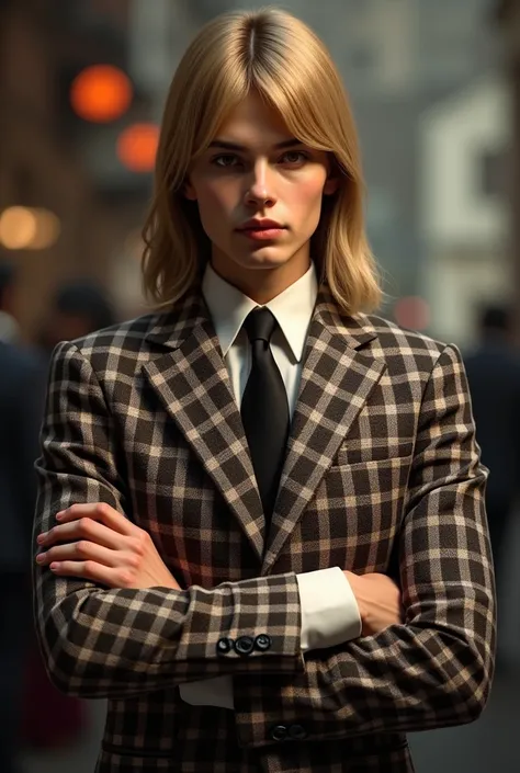  Close to the waist of a beautiful woman with a slender face with long straight blond hair with bangs, He wears an elegant plaid suit from 1960 and a shirt with his arms crossed