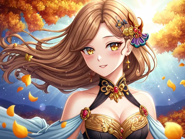 A cheerful and radiant young woman with warm, golden-brown hair cascading in soft waves, adorned with delicate floral ornaments and butterfly-shaped hairpins. Her glowing amber eyes sparkle with joy, framed by long lashes and a gentle blush on her cheeks. ...