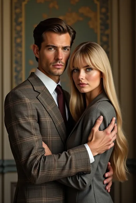  Close to the waist of a beautiful woman with a slender face with long straight blond hair with bangs, He wears an elegant plaid formal suit from 1960 and shirt, has his arms crossed