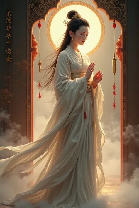 High Definition High Definition Guanyin is Beautiful Girl in Ancient Chinese Priest Dress Sacred Place Ancient Chinese Temple เอฟเฟคความมีบารมีสูง อภินิหาร เจ้าแม่กวนอินที่น่าเคารพนับถืออย่างยิ่ง