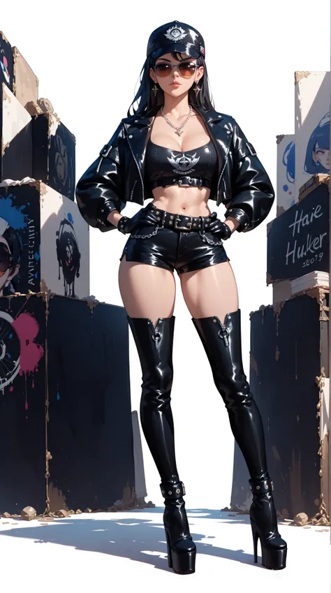 Full body painting　cap black short leather jacket　 necklace　 black leather hotpants 　 thick belt　 extra long platform thigh-high boots　Black gloves　 necklace　 large belt buckle　Tall, long-legged woman　Chain wallet 　 long dark hair 　 sunglasses　Hands on hip...