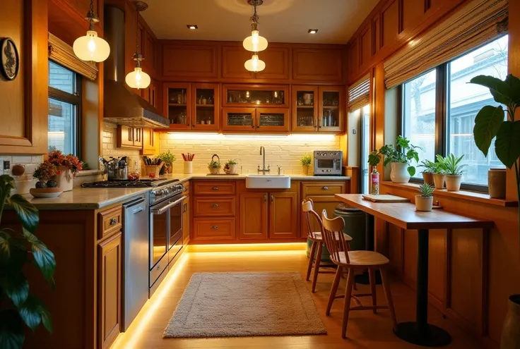 7.  Retro style kitchen space combining modern , Corrugated window paneling for wall decoration ,  LED lights under furniture and retro details create a cozy space,  Pleasant .  The image has a soft focus ,  with the foreground in sharp detail and a slight...