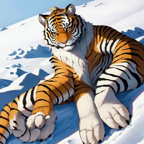 On a snow-covered mountain path, a young tiger is looking at me and smiling.