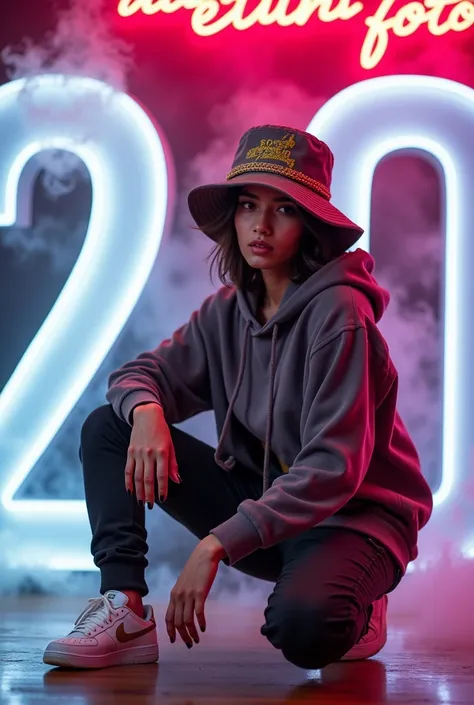 a high quality photo of a cowok tampan and hodiee clad Angie has the name “EDiting foto” in gold letters, and she wears a hat with the name “” . Tactical pants and white Nike shoes complement her elegant style . Angie sits over the word “20 K” , illuminate...