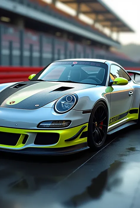 Décoration Porsche 997 gt+ gris clair bleu marine et jaune fluo 