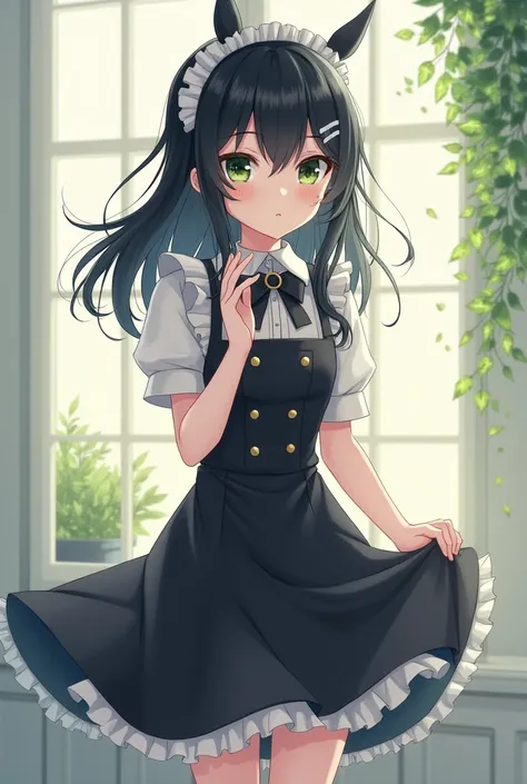 Draw a black-haired, two-pronged maid with cute green eyes in a trickle revive picture. The maid suit should be a neat black dress. Shes my faithful maid, but she has a cool expression. Draw her puzzled expression. Please change it to a very lovely, slende...