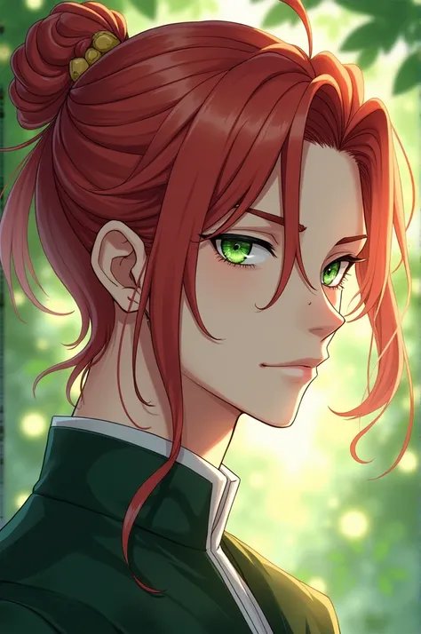  Style of the anime Los Diaries of the Apothecary 
A man of fine features,  beautiful silky red hair tied up in an elegant hairstyle , bright green eyes and pale skin ,  a mole next to her eye and slim build .