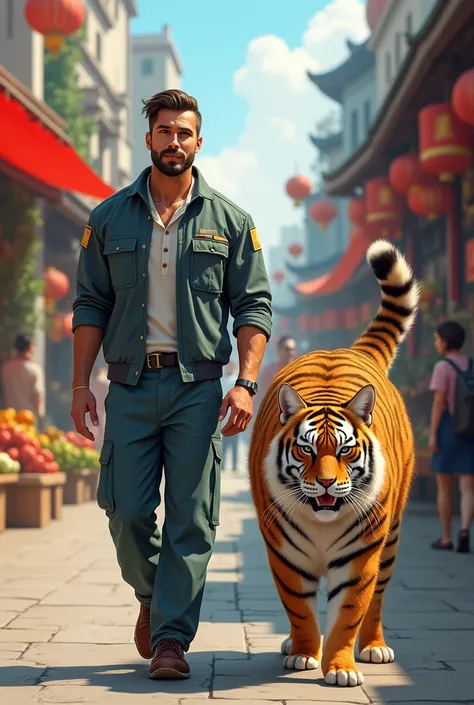 Draw a picture of a handsome man in a work uniform walking near a market with a giant, bushy furry cat patterned like a tiger