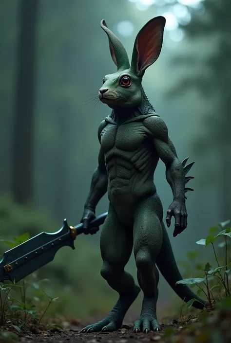  creates a super cinematic and dark humanoid hybrid fusion ,  of both rabbit animals and iguana , In the same place on the edge of the dark forest , At dusk, with the skin of the iguana ,  with a threatening atmosphere ,  roaring and a strong humanoid body...