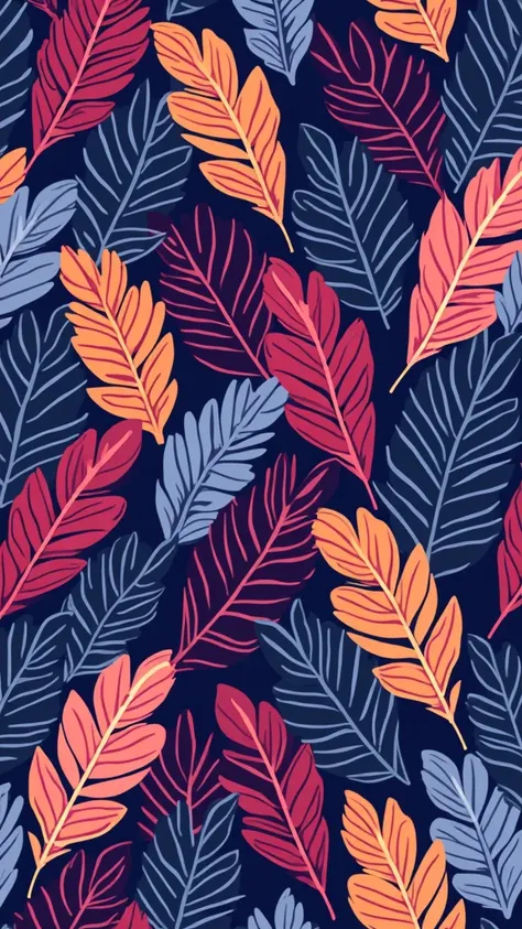 A repeating pattern of stylized leaves or feathers.  The design elements are outlined in various colors, including vibrant reds, oranges, yellows, greens, blues, and browns, on a light beige background.  The lines that form the leaves create a sense of dep...