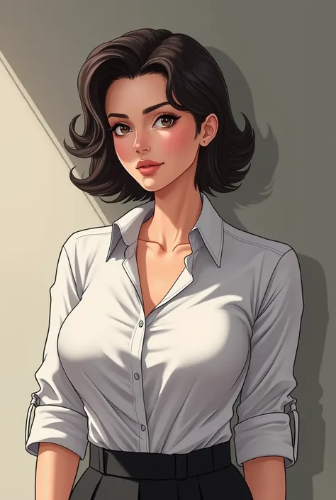 anime of older sexy milf in a shirt fully bottoned to the top