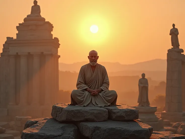 A hyper-realistic digital illustration of a stoic, ancient sage meditating on the peak of an ancient temple, surrounded by the remains of broken columns and faded statues. The sage is sitting in a calm, dignified posture, with his robe flowing gently in th...